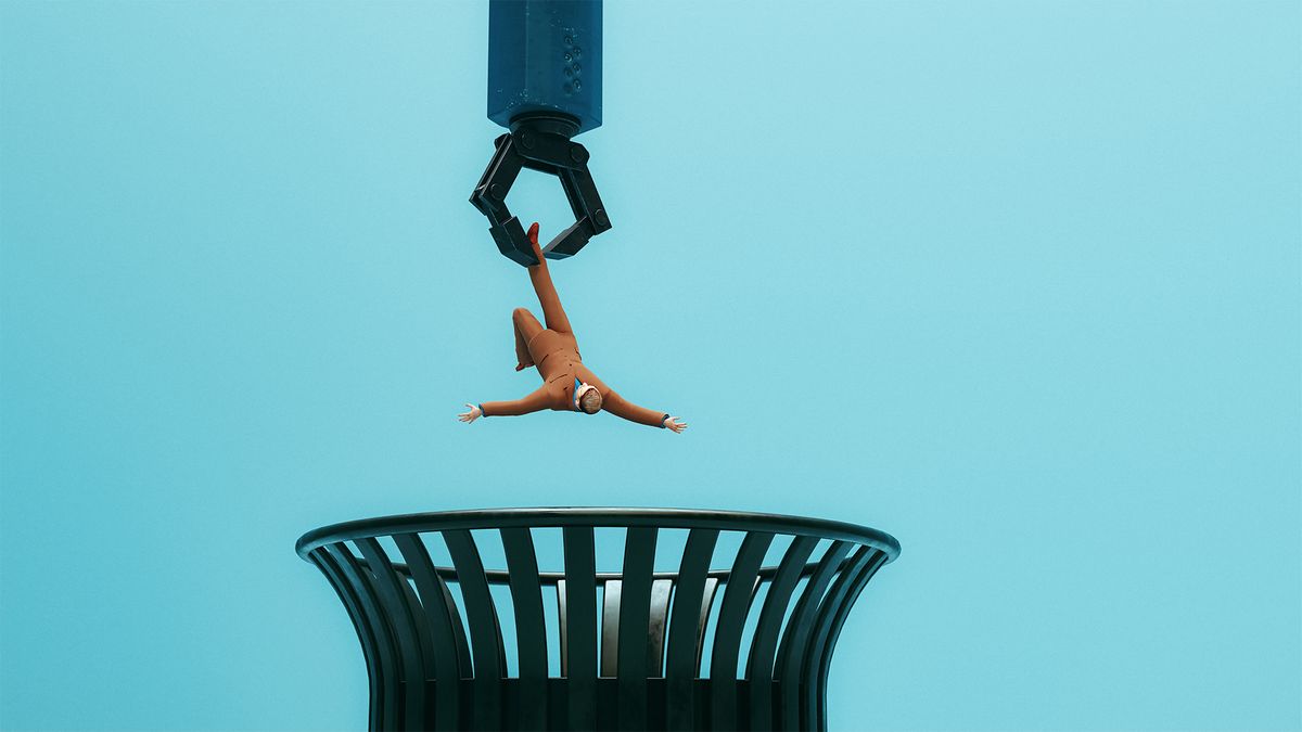 A CGI render of a business executive being lowered into a giant trash can by a robot arm, to represent AI automating away human roles including CEO roles.