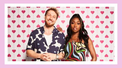 Sam Thompson and Indiyah Polack pictured against a red love heart backdrop for Love Island 2023/ in a purple template