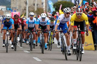 ZIPAQUIR COLOMBIA FEBRUARY 15 Arrival Sprint Juan Sebastian Molano Benavides of Colombia and UAE Team Emirates Yellow Points Jersey Alvaro Jose Hodeg Chagui of Colombia and Team Deceuninck Quick Step Jhonatan Restrepo Valencia of Colombia and Team Androni Giocattoli Sidermec Travis Mccabe of The United States and Team Israel Start Up Nation Colin Joyce of The United States and Team Rally Cycling Juan Francisco Rosales Hernandez of Mexico and Team Canels Pro Cycling Richard Carapaz of Ecuador and Team INEOS during the 3rd Tour of Colombia 2020 Stage 5 a 1805km stage from Paipa to Zipaquir TourColombiaUCI TourColombia2020 on February 15 2020 in Zipaquir Colombia Photo by Maximiliano BlancoGetty Images