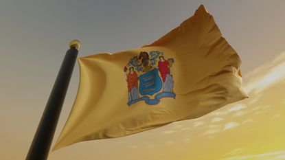 picture of New Jersey state flag on flag pole against yellow golden sky