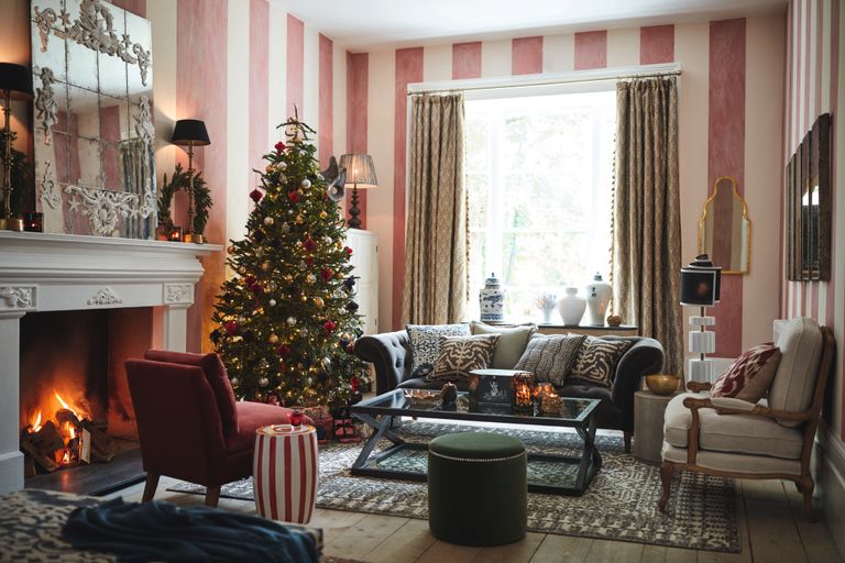 Christmas living room decor ideas Christmas living room with striped wallpaper by OKA