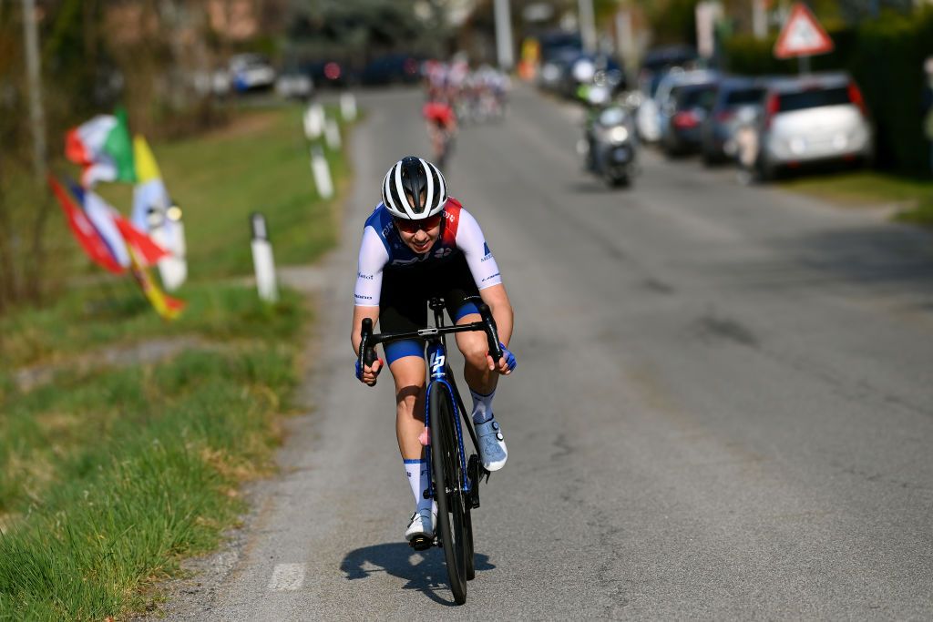 CITTIGLIO ITALY MARCH 20 Cecilie Uttrup Ludwig of Denmark and Team FDJ Nouvelle Aquitaine Futuroscope competes in the breakaway during the 46th Trofeo Alfredo BindaComune di Cittiglio 2021 Womens Elite a 1418km one day race from Cocquio Trevisago to Cittiglio TrBinda UCIWWT on March 20 2022 in Cittiglio Italy Photo by Tim de WaeleGetty Images