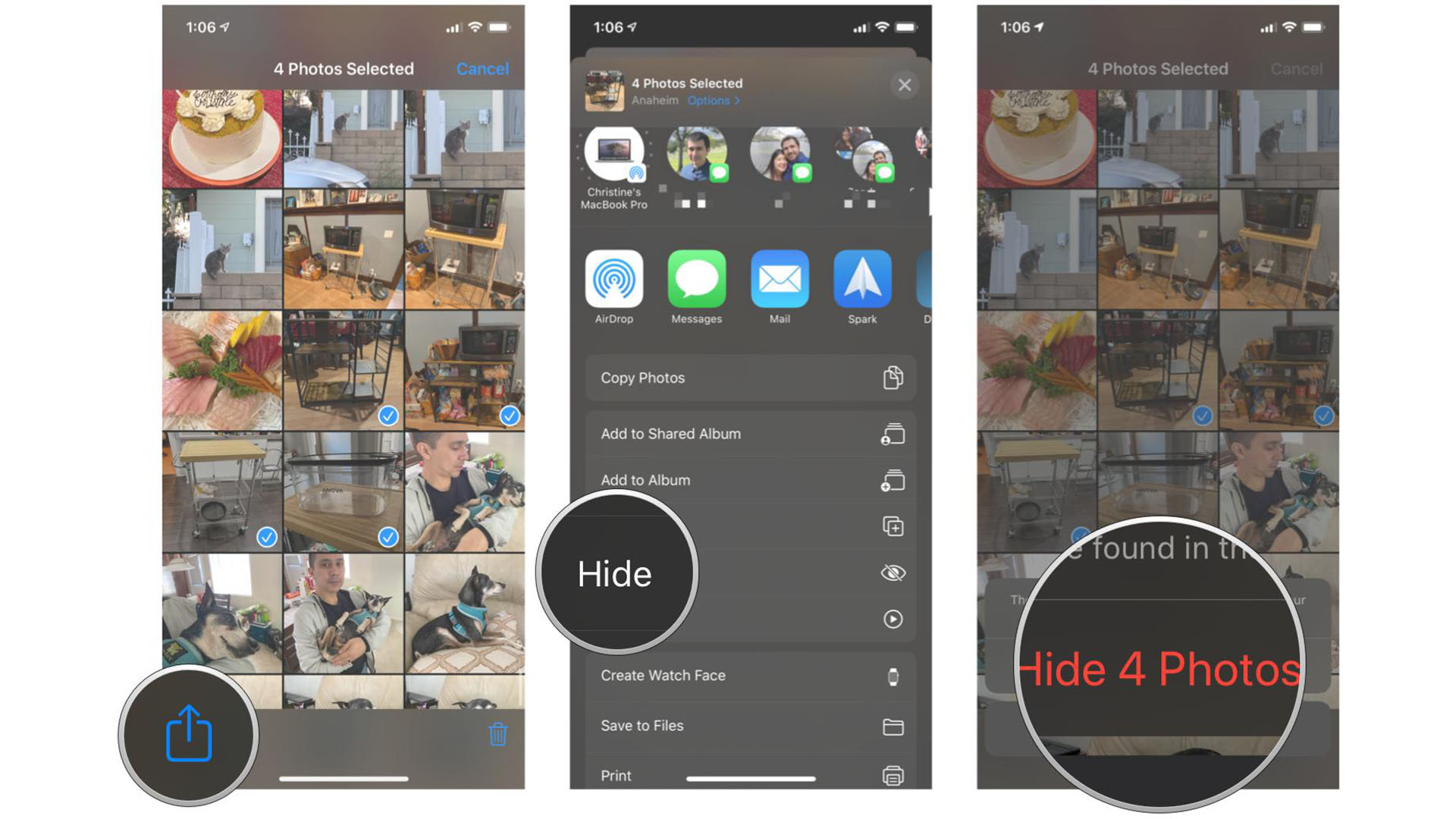 Hide photos and video in Photos on iPhone and iPad by showing steps: Select photos and video, tap Share, tap Hide, confirm to hide