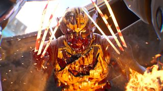 Wolverine snarls as he tears apart a Sentinel from within in Marvel's Wolverine, his suit tattered and covered in blood