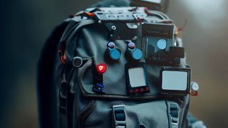 A mockup of a backpack with sensors.