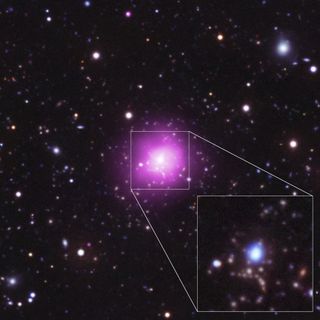 Optical/UV/X-ray composite view of the Phoenix Cluster, with a pull-out from the central region to optical/UV image. Image released August 15, 2012.