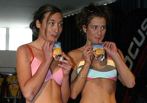 Has anyone told these ladies that it's winter? (Sharon and Evy after dropping the flag)
