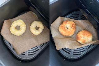 A before and after of bagels being cooked in an air fryer