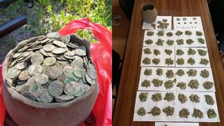 Dozens of coins in a bag and laid out on a table. 