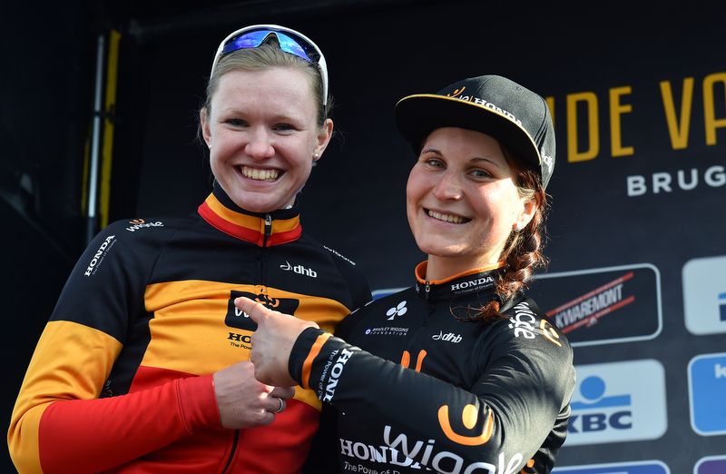 Wiggle Honda teammates Jolien D'hoore and Elisa Longo Borghini celebrate going one-two at Flanders