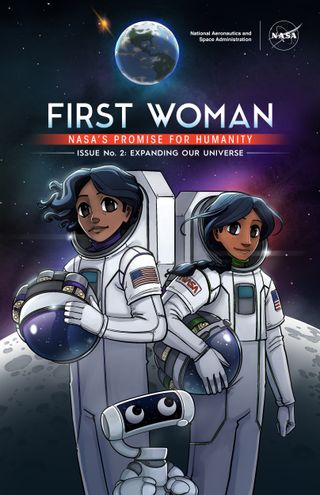 cover of the graphic novel "first woman: expanding our universe," showing two astronauts in white spacesuits standing side by side with their helmets off with the moon and earth in the background.