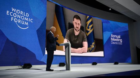 Ukrainian President Volodymyr Zelenskyy addresses the forum remotely