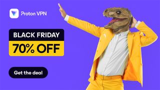 Dinosaur wearing yellow suit, dancing about Proton VPN&#039;s 70% off Black Friday sale