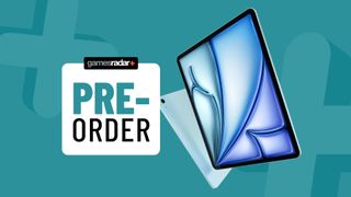 iPad Air M4 on a light blue background with pre-order badge