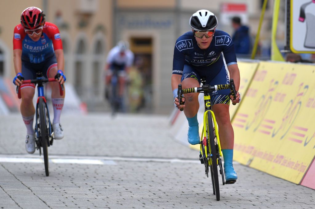 SCHMOLLN GERMANY MAY 25 Kristen Faulkner of United States and Team Tibco Silicon Valley Bank at arrival during the 34th Internationale LOTTO Thringen Ladies Tour 2021 Stage 1 a 899km stage from Schmolln to Schmolln ltlt2021 lottothueringenladiestour womencycling on May 25 2021 in Schmolln Germany Photo by Luc ClaessenGetty Images