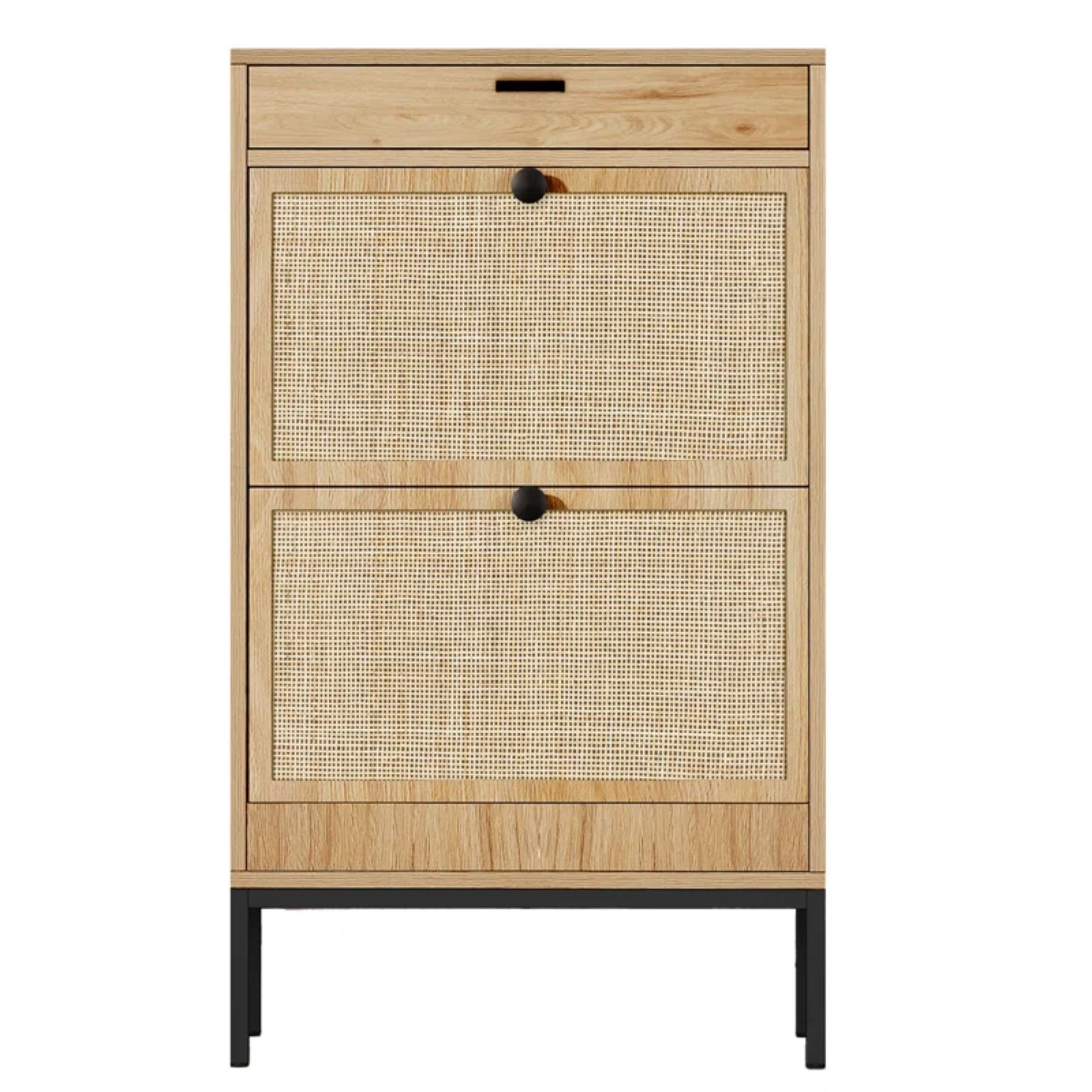 A rattan entryway organizer with black metal legs and handles