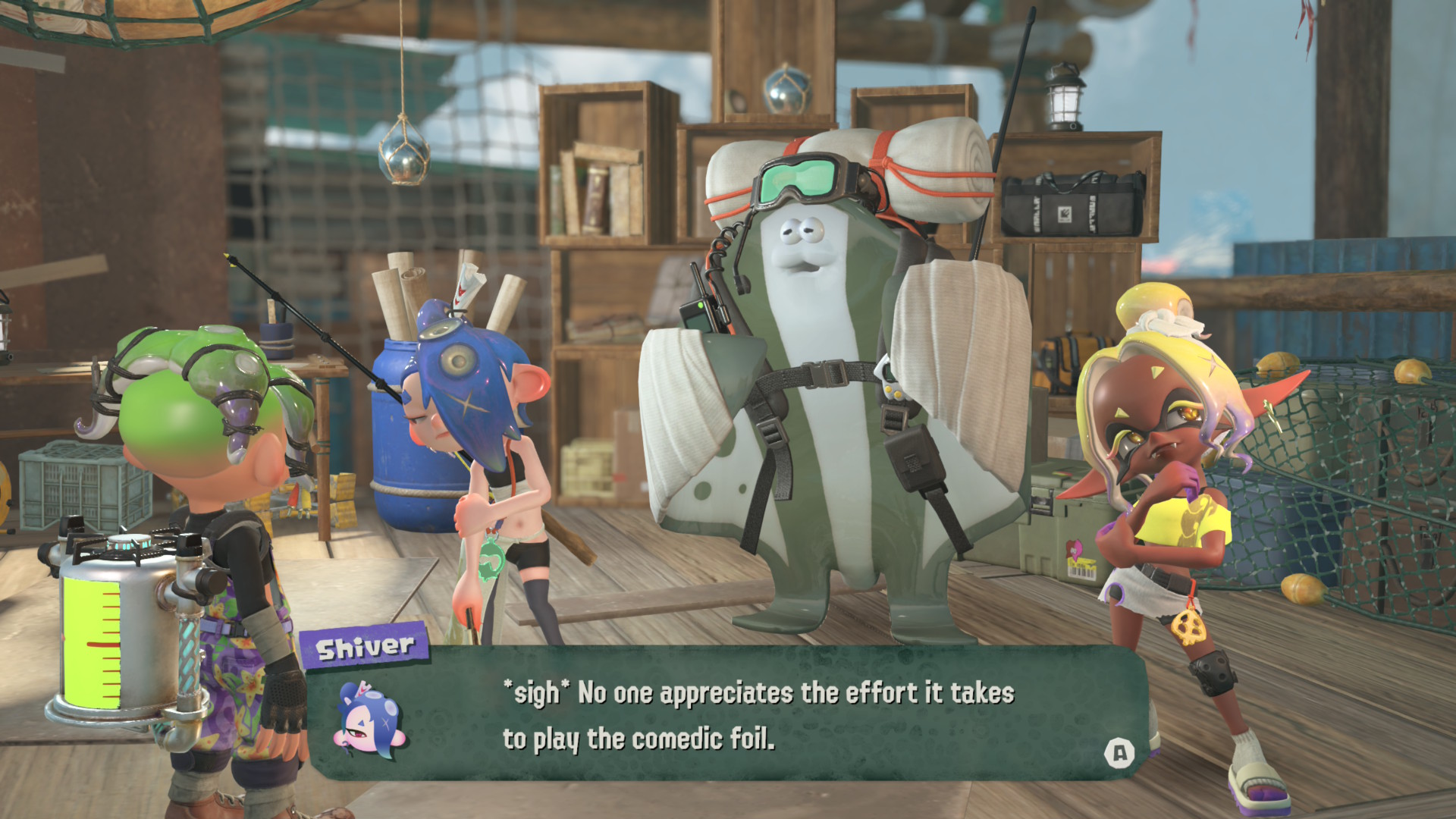 Hablando con la banda de vuelta en el escondite de los Splatoon Raiders, mientras Shiver suspira que nadie entiende lo que se necesita para ser un papel cómico