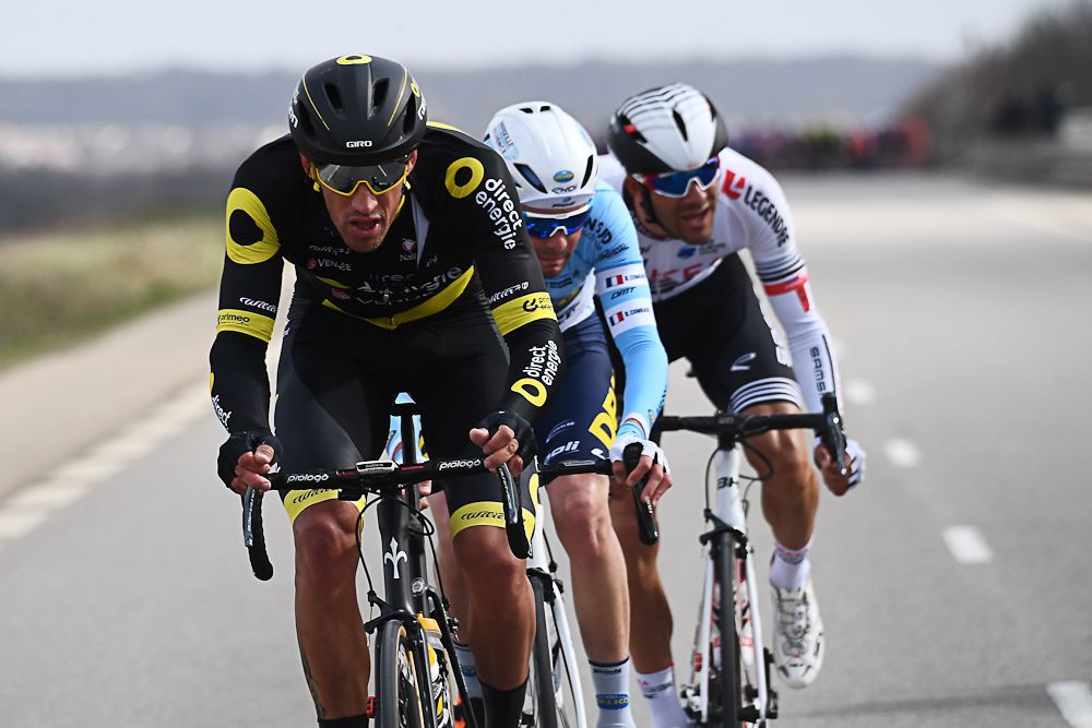 Delko Marseille Provence's Romain Combaud, Direct Energie's Damien Gaudin and Team Arkea-Samsic's Amael Moinard break clear during stage 1 in Paris-Nice