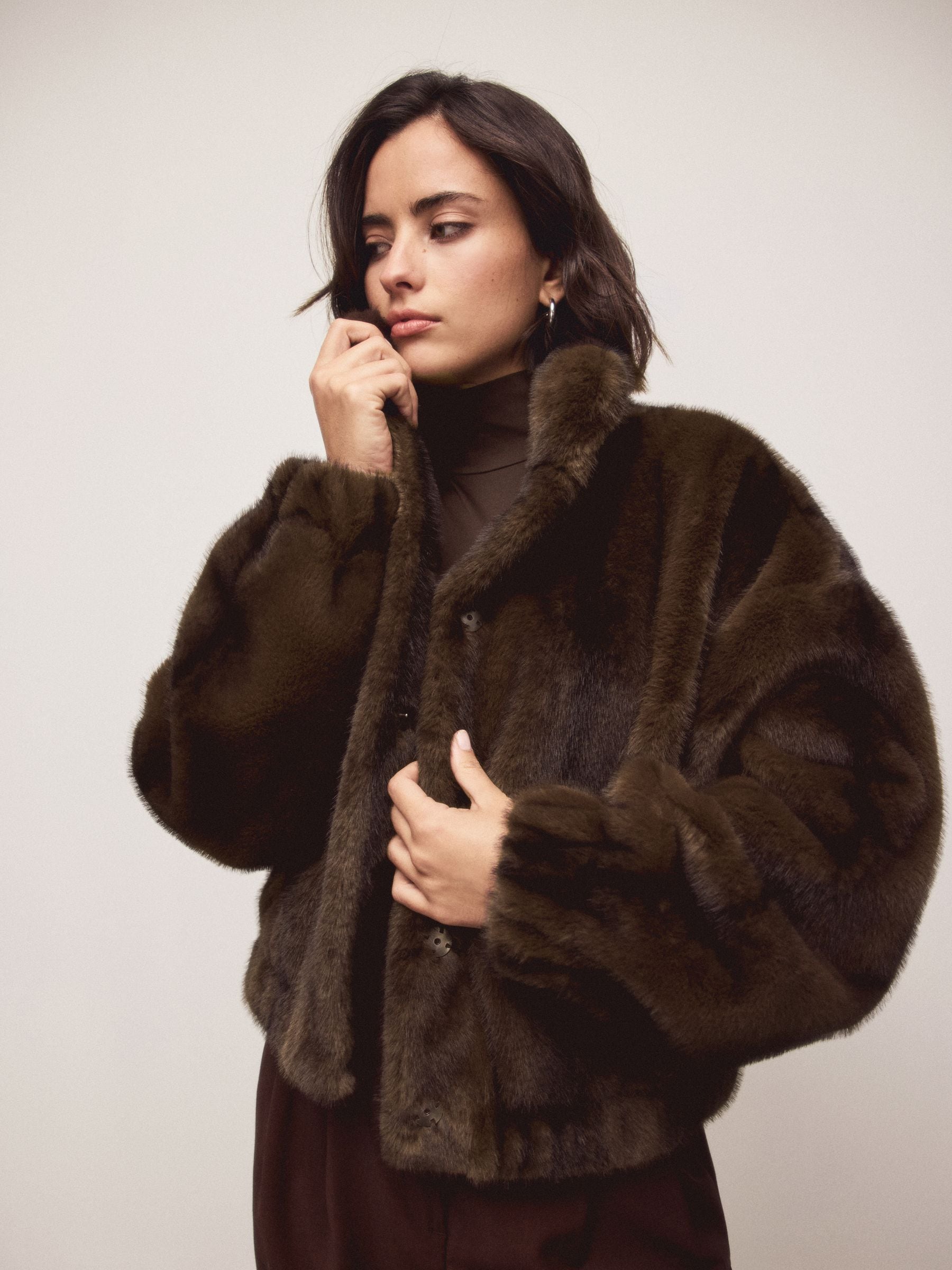 Chocolate Brown Soft Touch Faux Fur Funnel Neck Bomber Jacket