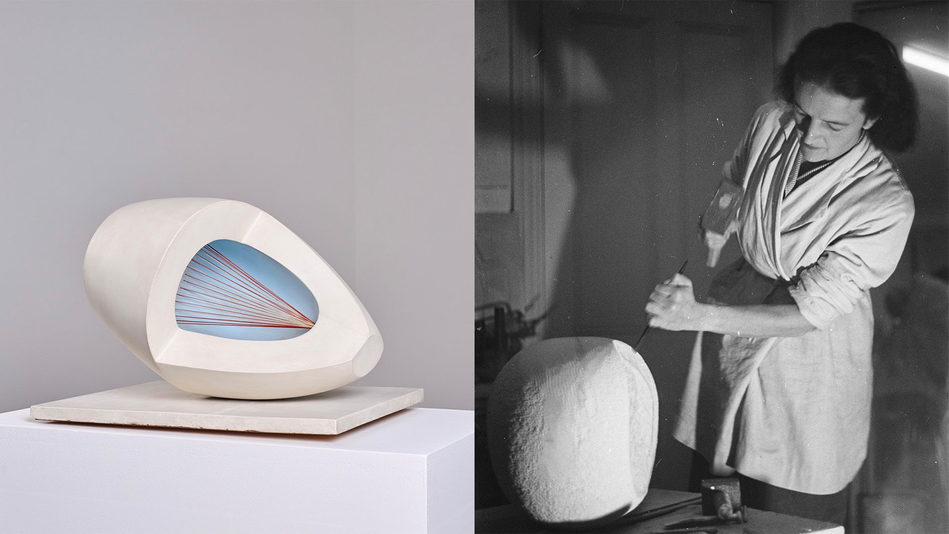 A sculpture, and artist Barbara Hepworth at work