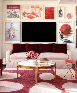 A red and pink maximalism living room
