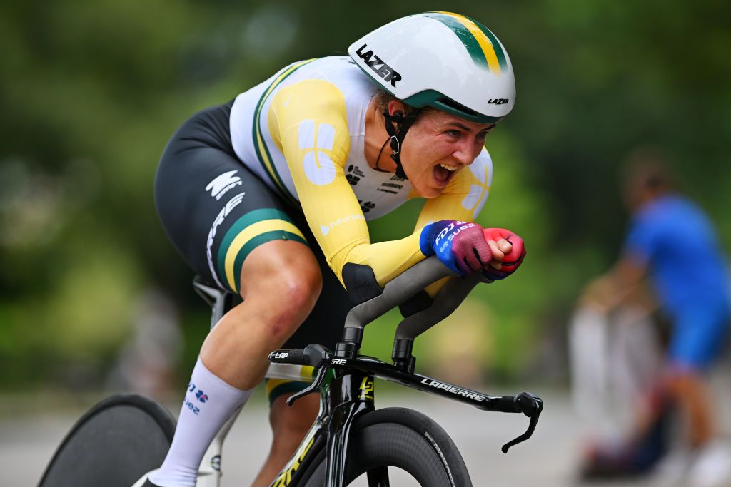 BRESCIA ITALY JULY 07 Grace Brown of Australia and Team FDJ SUEZ sprints during the 35th Giro dItalia Women 2024 Stage 1 a 157km individual time trial stage from Brescia to Brescia UCIWWT on July 07 2024 in Brescia Italy Photo by Luc ClaessenGetty Images