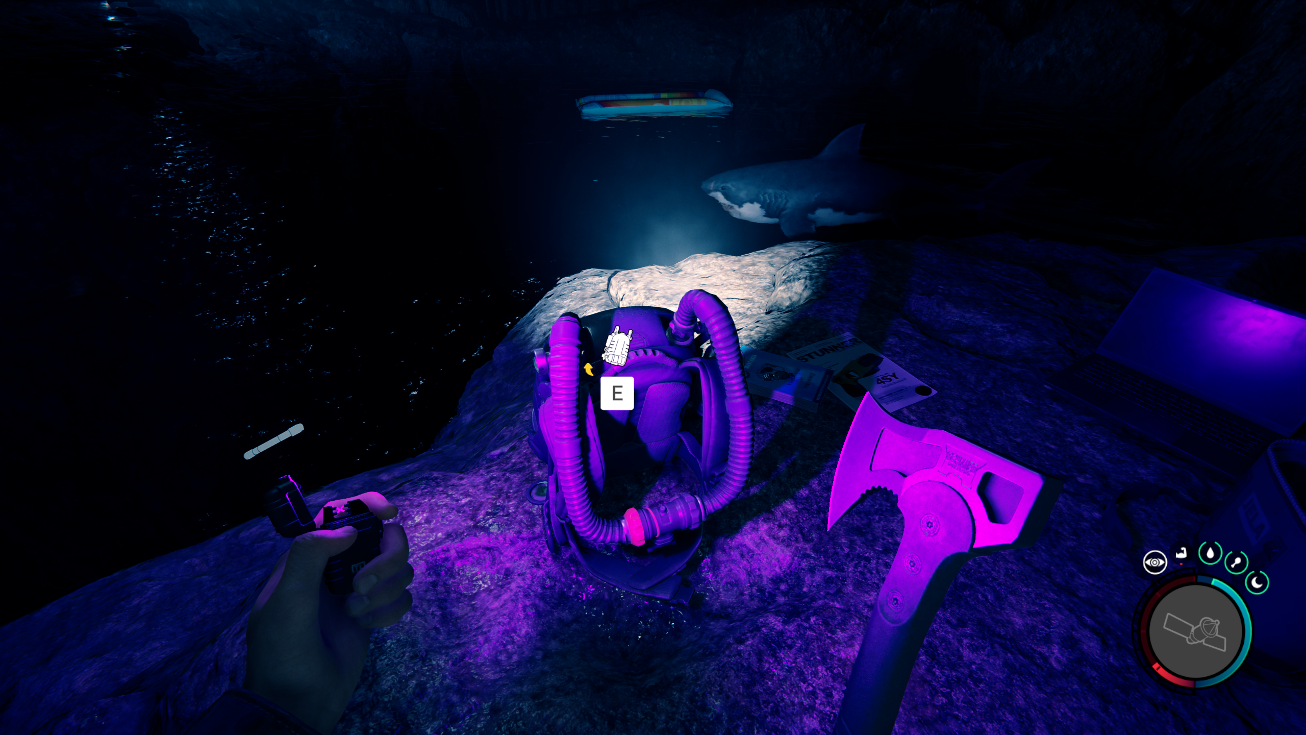 Sons of the Forest - a player holding an axe and lighter looks at a rebreather on the ground in a cave
