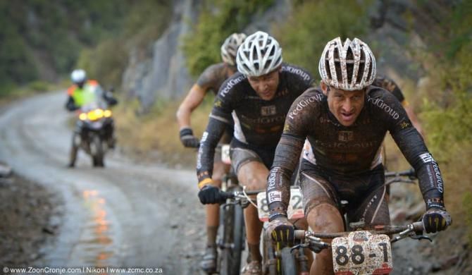 Brandon Stewart (front) and Konny Looser of Team FedGroup Itec set the pace in the lead group during Stage 1