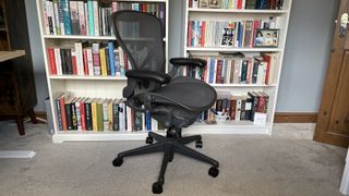 The Aeron sat in front of two book cases.