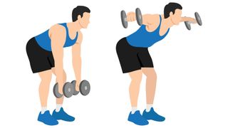 Vector of man against white background performing a dumbbell face pull in two stages