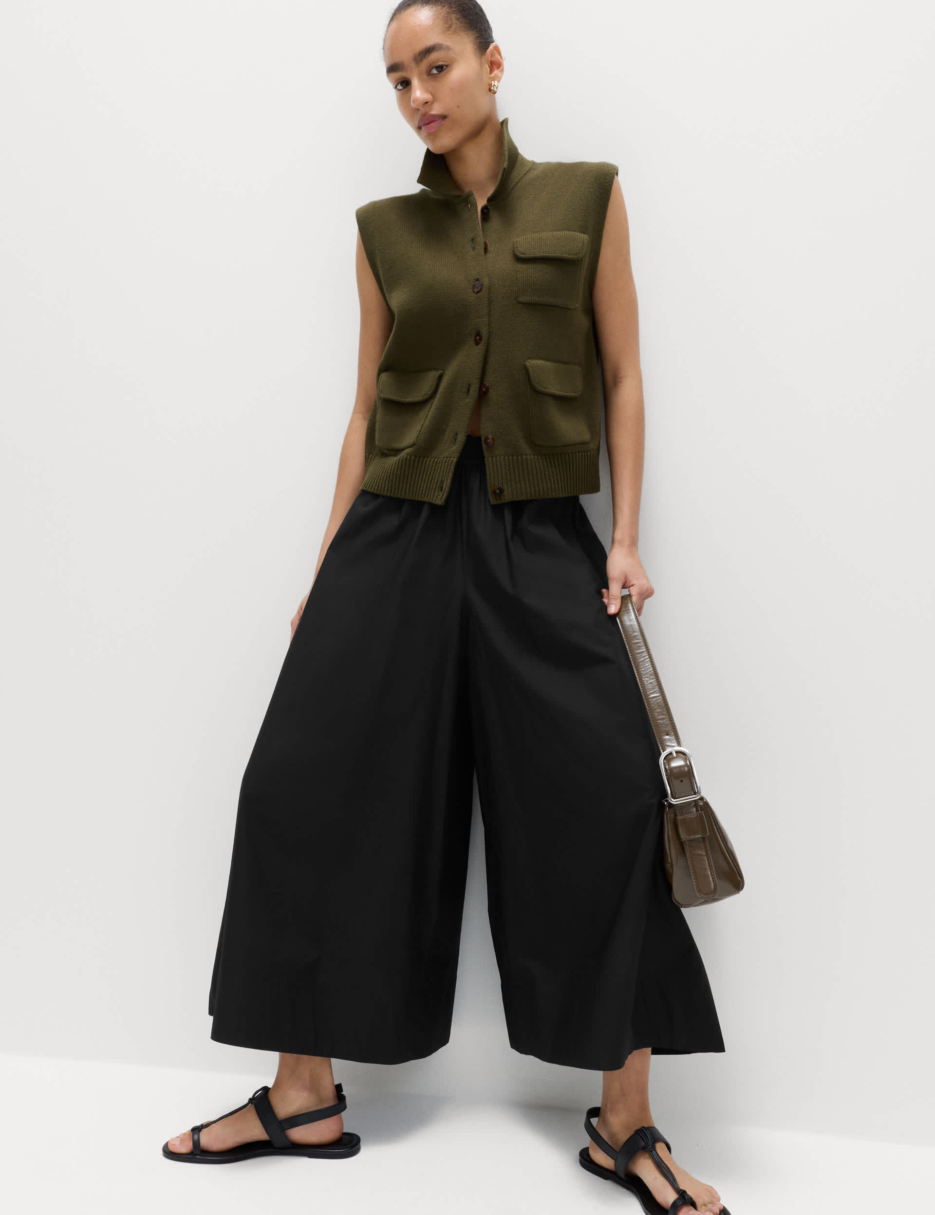 Pure Cotton Cropped Palazzo Trousers