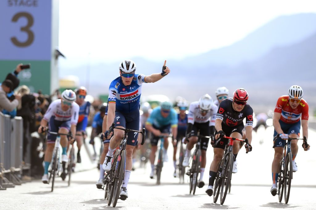 Tim Merlier (Soudal-QuickStep) celebrates victory on stage 3 of the 2024 AlUla Tour