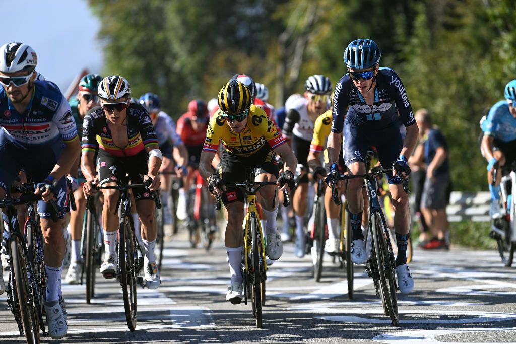 Remco Evenepoel (Soudal-Quick Step), Jan Tratnik (Jumbo-Visma) and Romain Bardet (dsm firmenich)