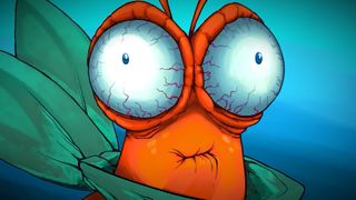 Another Crab&#039;s Treasure trailer screenshot showing a cartoon-like crab with wide, vein-y eyes and a painful expression