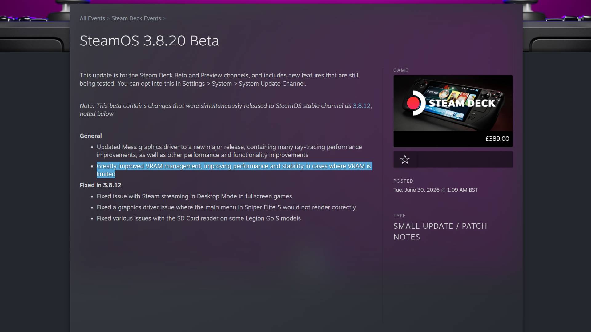 SteamOS 3.8.20 Beta update notes with "Greatly improved VRAM management, improving performance and stability in cases where VRAM is limited" highlighted in blue.