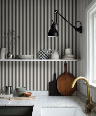 Stripe wallpapered kitchen