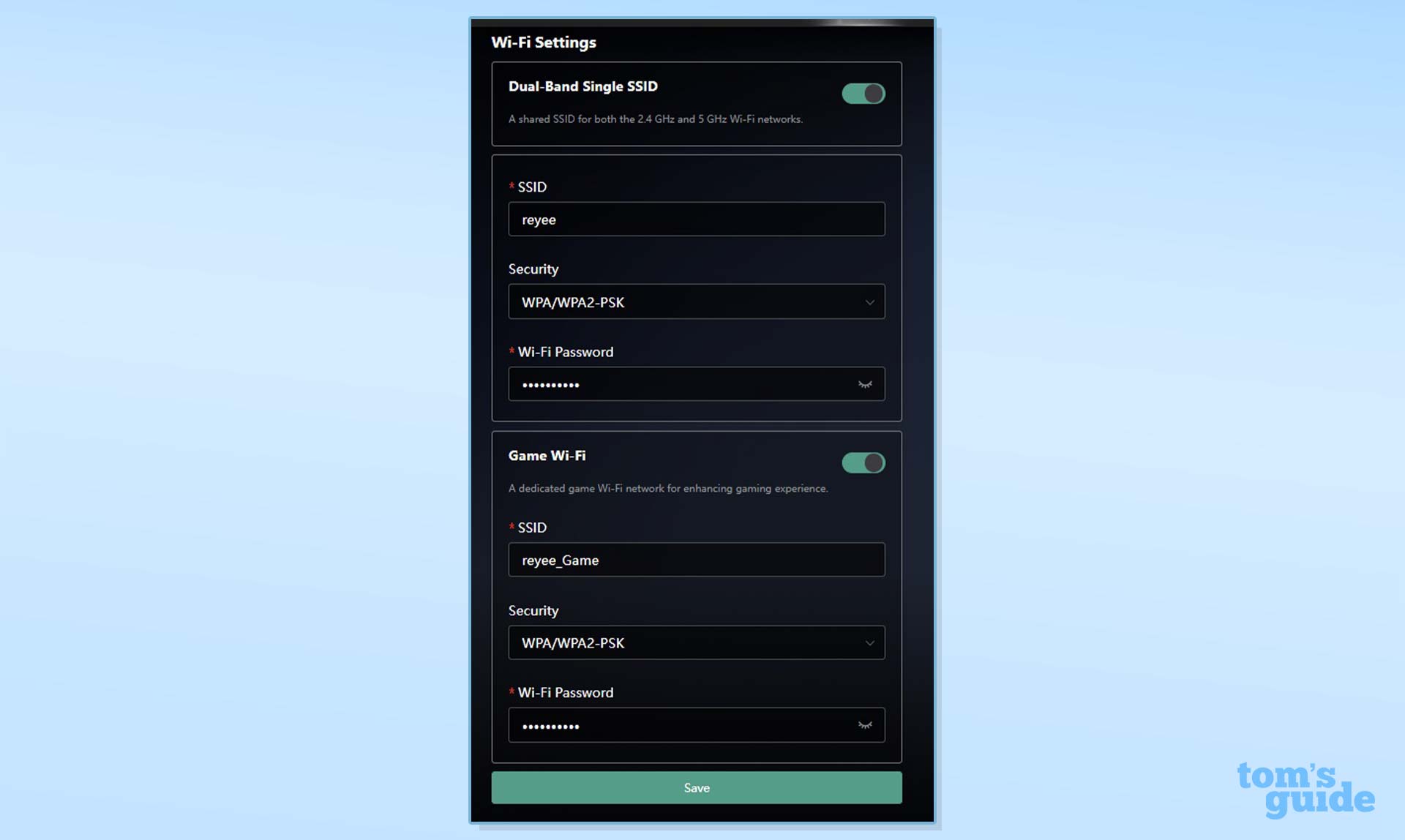 Wi-Fi configuration options in the Reyee RG-E6 router app