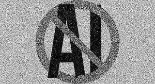 An image of static containing a message in a font that can't be read by AI, plus the no AI logo 