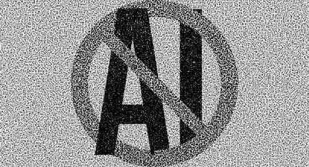 An image of static containing a message in a font that can't be read by AI, plus the no AI logo 