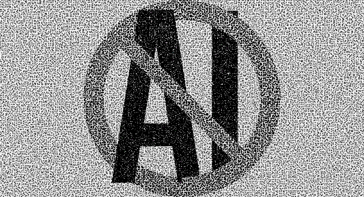 An image of static containing a message in a font that can't be read by AI, plus the no AI logo 