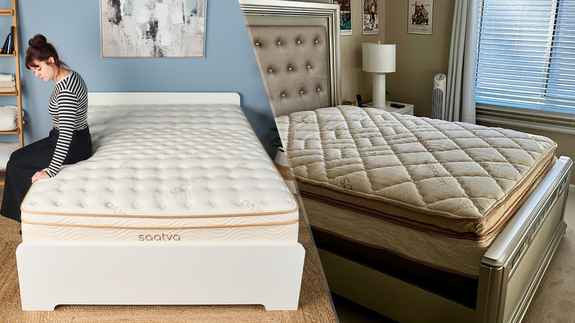 On the left, an image of our mattress tester Lauren Jeffries sitting on the edge of the Saatva Classic mattress on a bed frame in our Sleep Lab. On the right, the Saatva Solaire mattress on a bed frame in the home of mattress reviewer Ashley Zlatopolsky