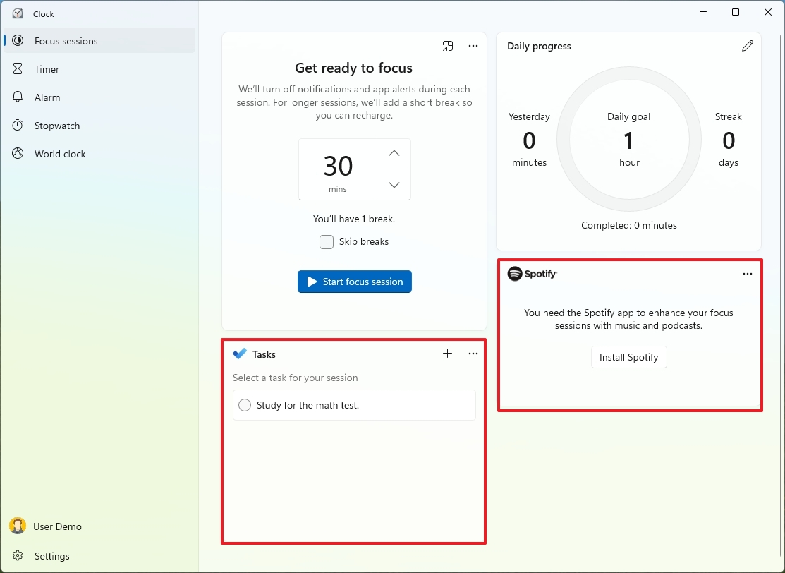 Clock app Focus settings