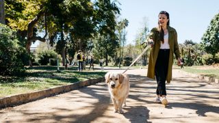 Woman happy, laughing and smiling, walking golden Labrador Retriever in a park