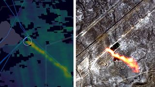 Plumes of potent greenhouse gas methane leaking from a gas pipeline in Kazakhstan can be seen in this image captured by the European Sentinel 2 and Sentinel 5P satellites