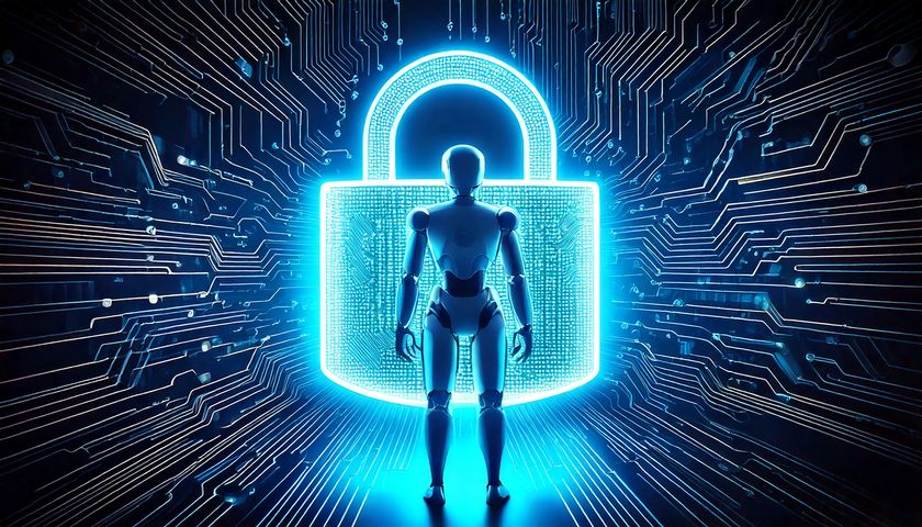 AI-generated image of an android standing in front of a circuit board background with a giant padlock in the middle