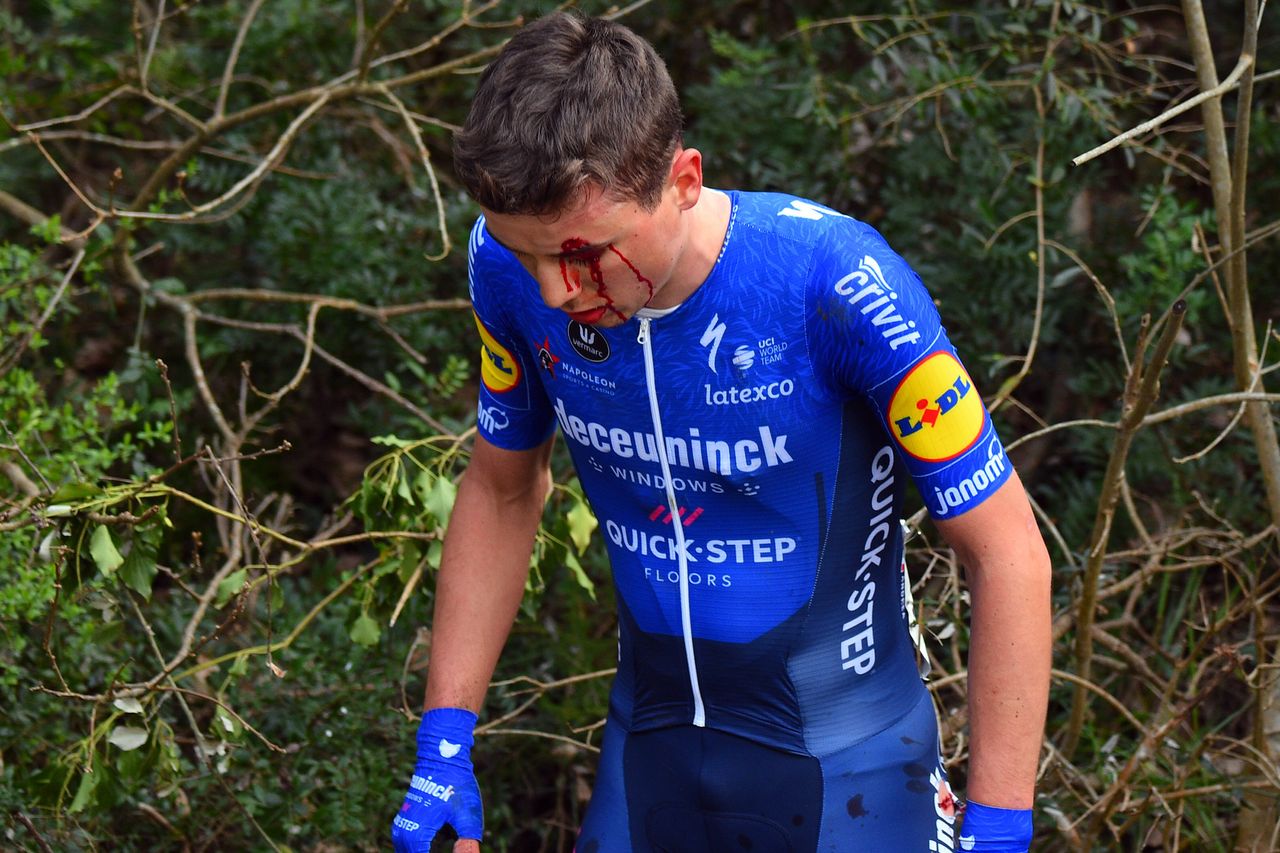 Trofeo Laigueglia 2021 58th Edition Laigueglia Laigueglia 202 km 03032021 Crash Injury Andrea Bagioli Deceuninck QuickStep photo Dario BelingheriBettiniPhoto2021