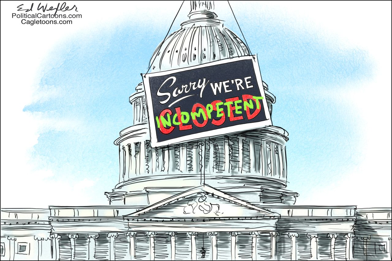 Political cartoon U.S. government shutdown incompetency congress