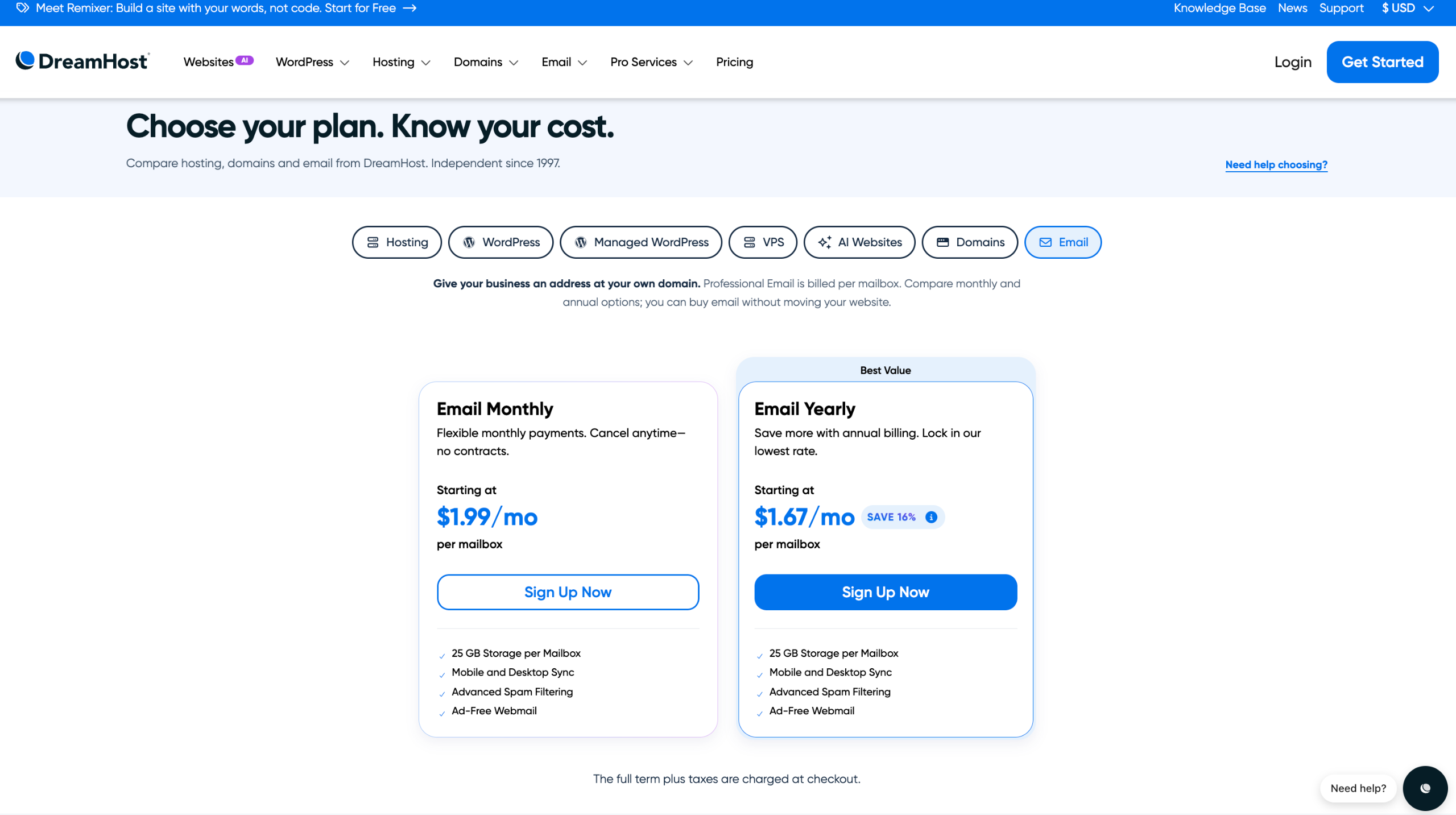 DreamHost email pricing and plans