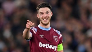 Declan Rice of West Ham United gestures to the camera ahead of the UEFA Europa Conference League Final 2023.