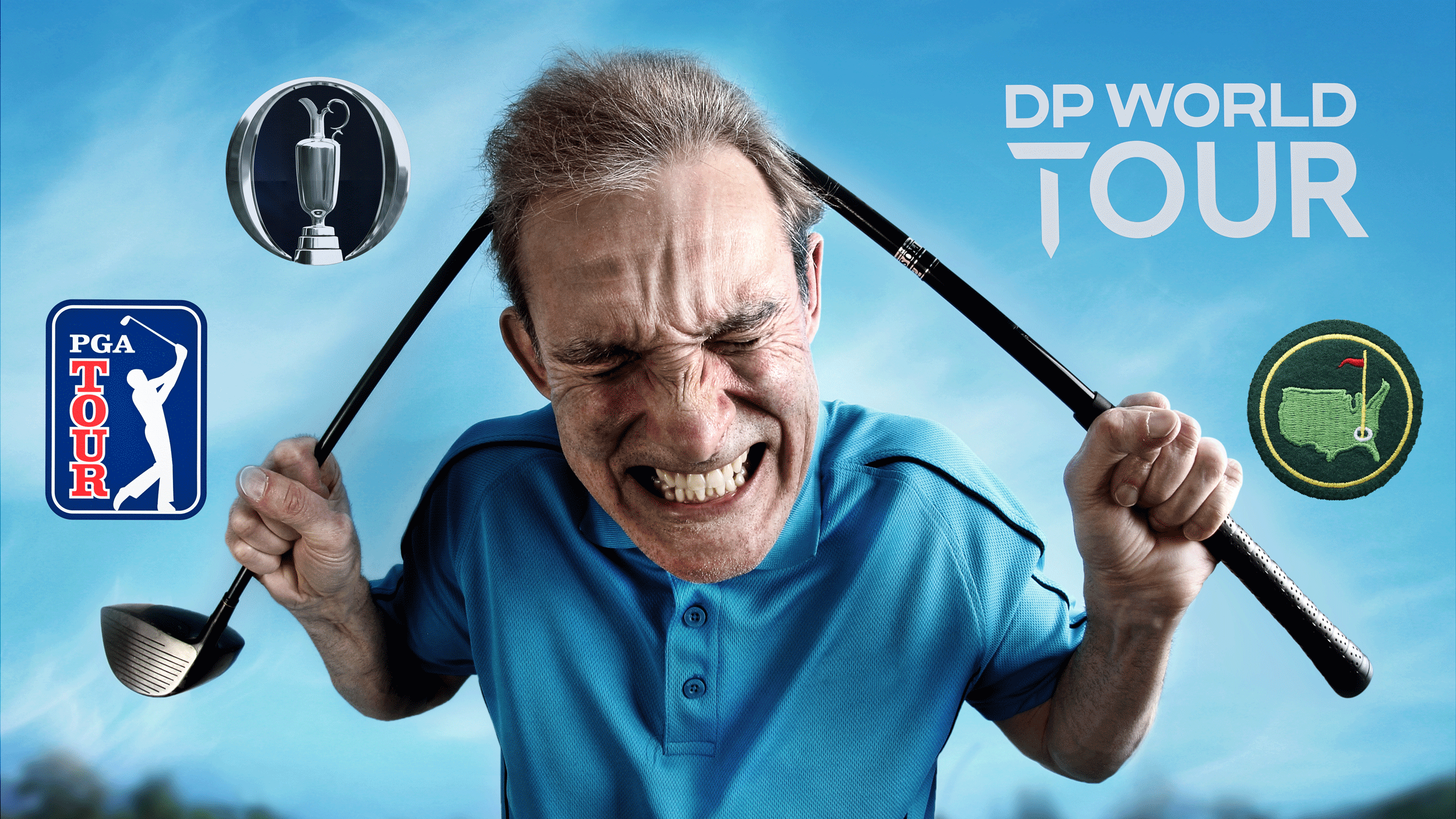 The main image of an angry golfer bending a driver over his head accompanied by logos from the PGA Tour (left), The Open (top left), the DP World Tour (top right) and The Masters (right)